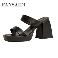 fansaidi summer women fashion white genuine leather slippers chunky heels sexy new pure color platform narrow band consice
