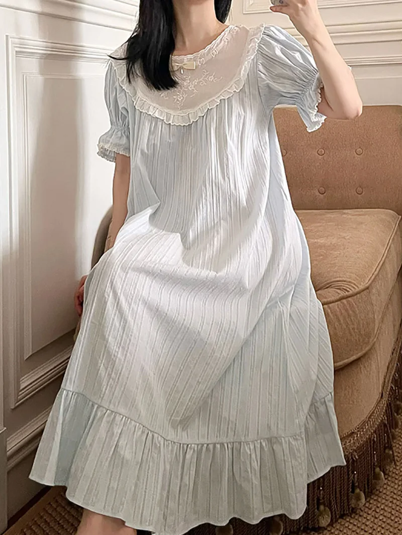 Women Pure Cotton Ruffles Spring Autumn Retro Vintage Princess Nightdress Sweet Home Pajama Lace Fairy Victorian Sleepwear