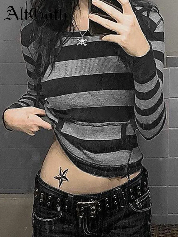 

AltGoth Y2k E-girl Striped T-shirt Women Dark Gothic Streetwear Long Sleeve Hooded Tee Top Punk Harajuku Aesthetic Grunge Outfit