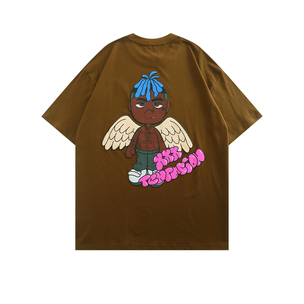 

Футболка мужская оверсайз в стиле хип-хоп, уличная одежда, винтажные повседневные топы с надписью мультяшного ангела в стиле Харадзюку, лет...