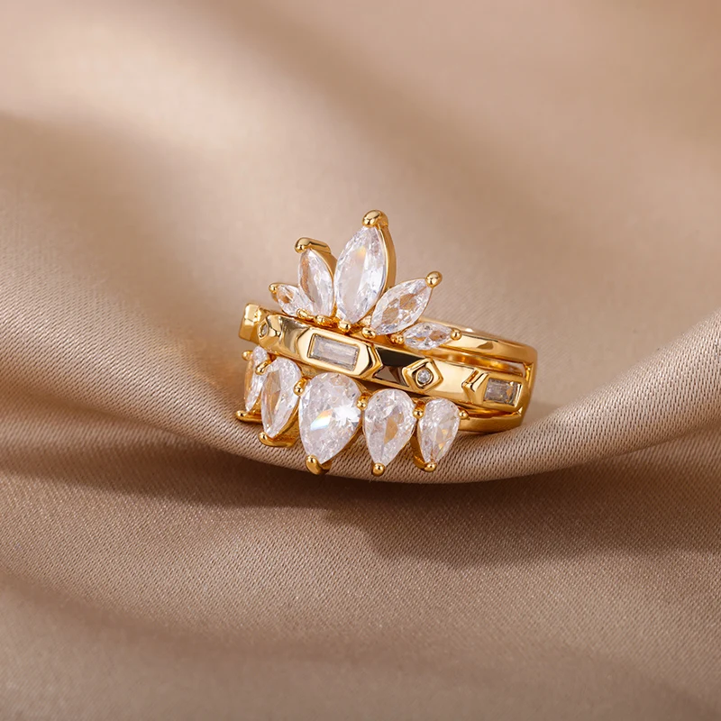

1 Set Exaggerated Lotus Zircon Rings For Women Luxury Crystal Double Ring Couple Wedding Accessories Jewelry Gift Anillos Mujer