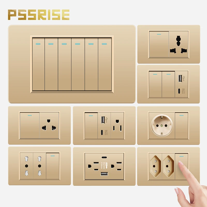 

PSSRISE Brazil Thai US Wall Light Switch Power Socket with 5V 2.1A USB Type-c Charger Gold PC Panel TV TEL Computer Wall Outlet