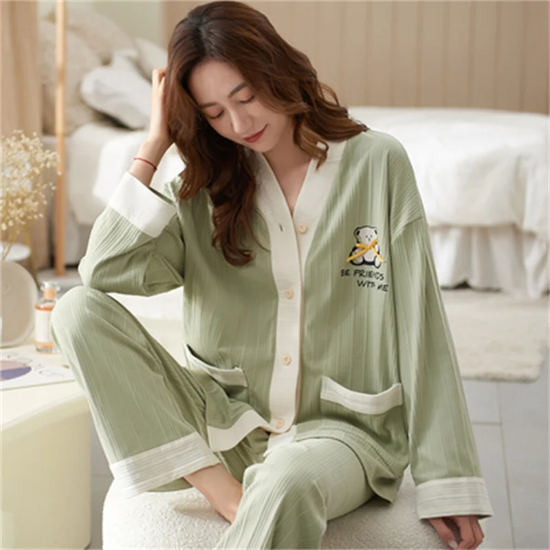 Pajamas Set Casual Sleepwear For Women Elastic Soft Cotton Pyjama Women's Sweet Cartoon V-Neck Homewear Clothes Big Size