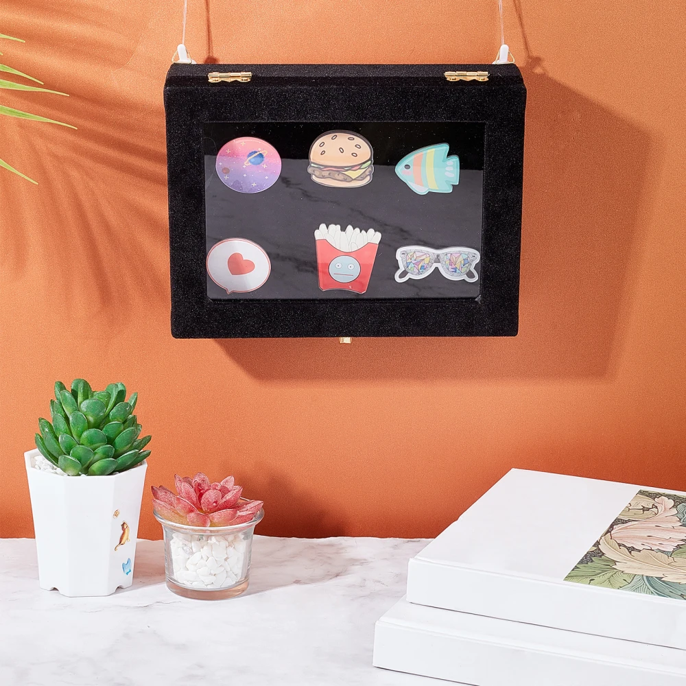 Square Wooden Presentation Boxes with Glass Window Black Velvet Pin Display Case for Jewelry Badge Storage Organizer Holder Show