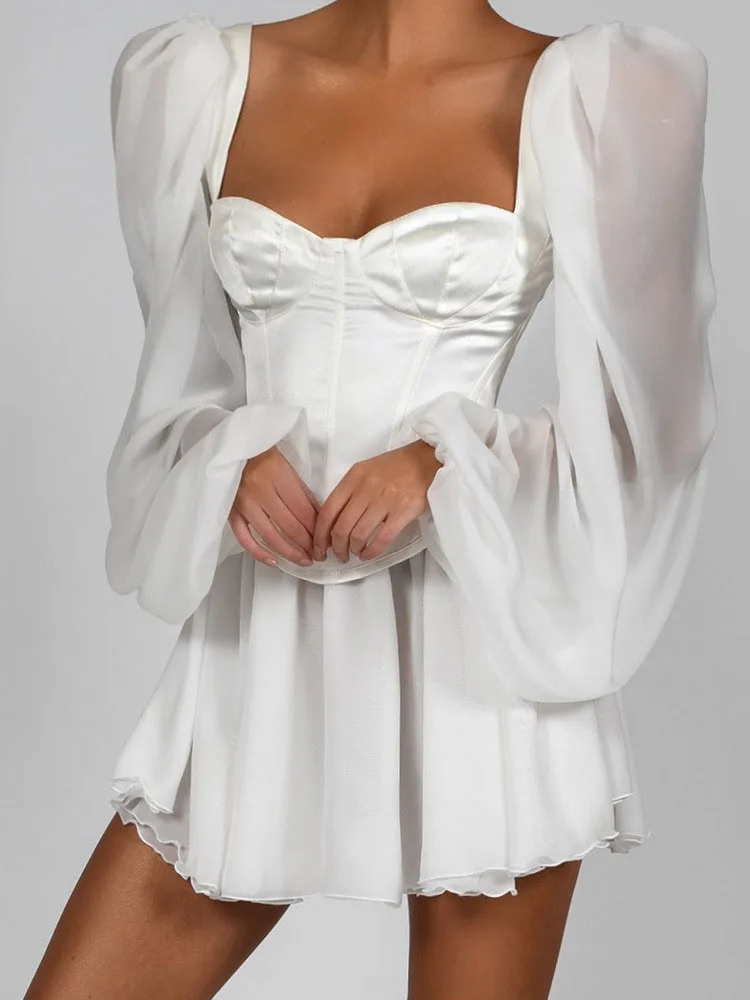 

Elegant Celebrity Evening Dresses Chic Boned Corset Square Collar Spring Summer Lantern Sleeve White Chiffon Party Pleated Dress