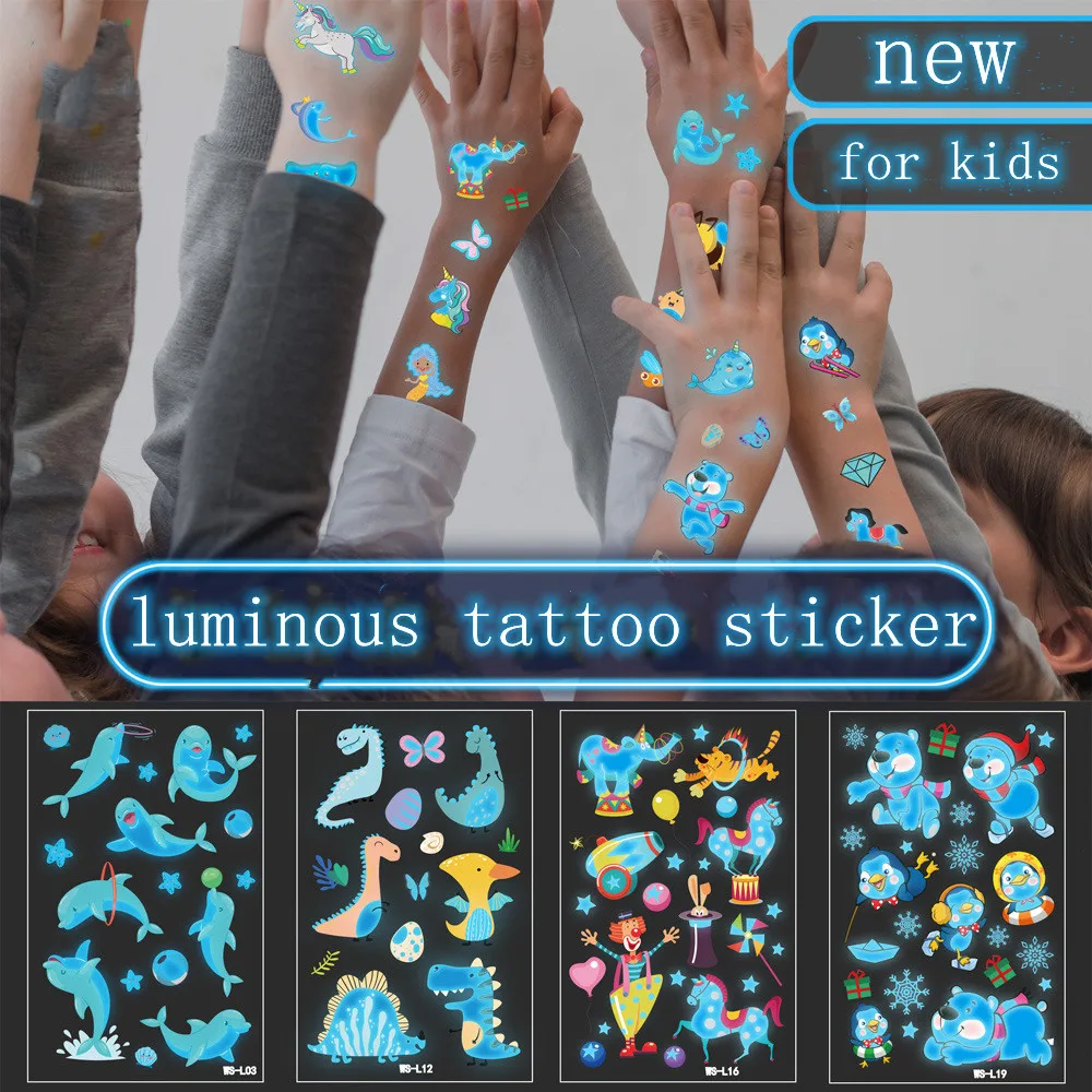 

Blue Luminous Temporary Tattoo Sticker Childrens Cute Dinosaur Unicorn Mermaid Cartoon Glow Paste on Face Arm Leg for Body Art