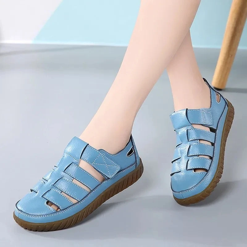 

Supple Blue Leather Sandals For Women White Summer Flat Shoes Plus Size 42 Strappy Sandals Woman Flats Shoes Washable Sandals