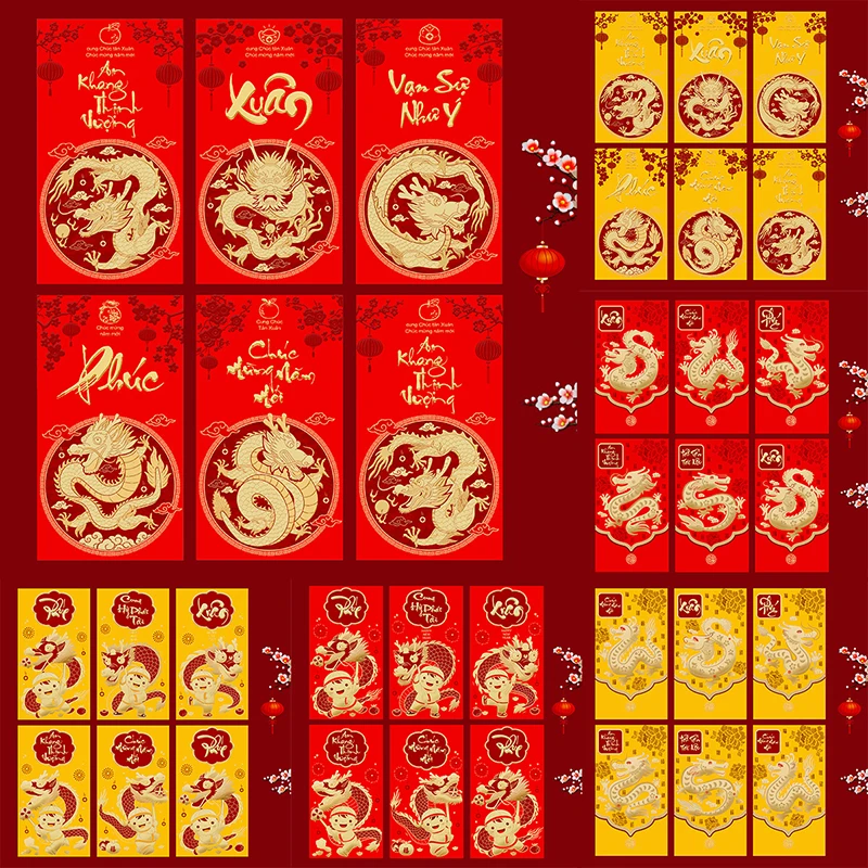 

Подарочный пакет 6 шт., милые конверты с лунным и новогодним знаком зодиака 2024, китайские фотообои, календарь с драконом, красный пакет