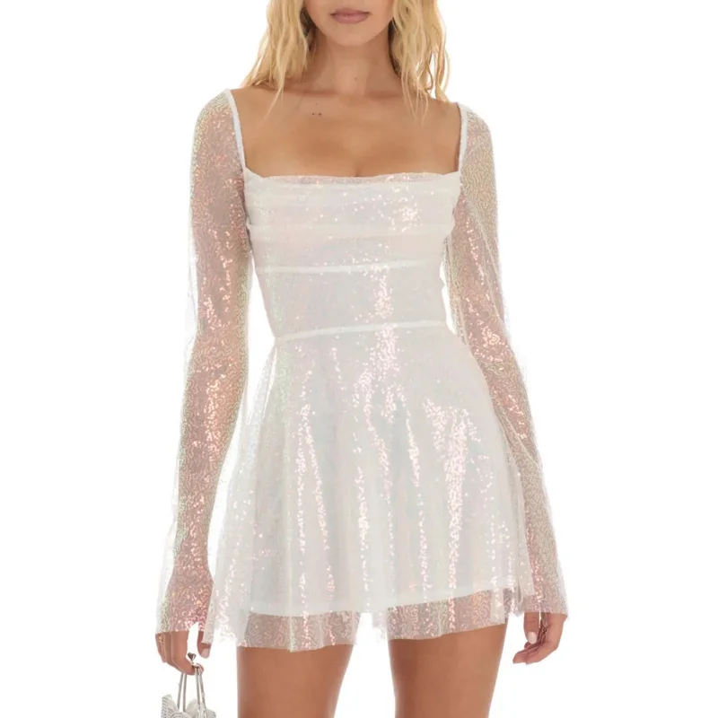 Женское Прозрачное платье с длинным рукавом однотонное Повседневное на тонких