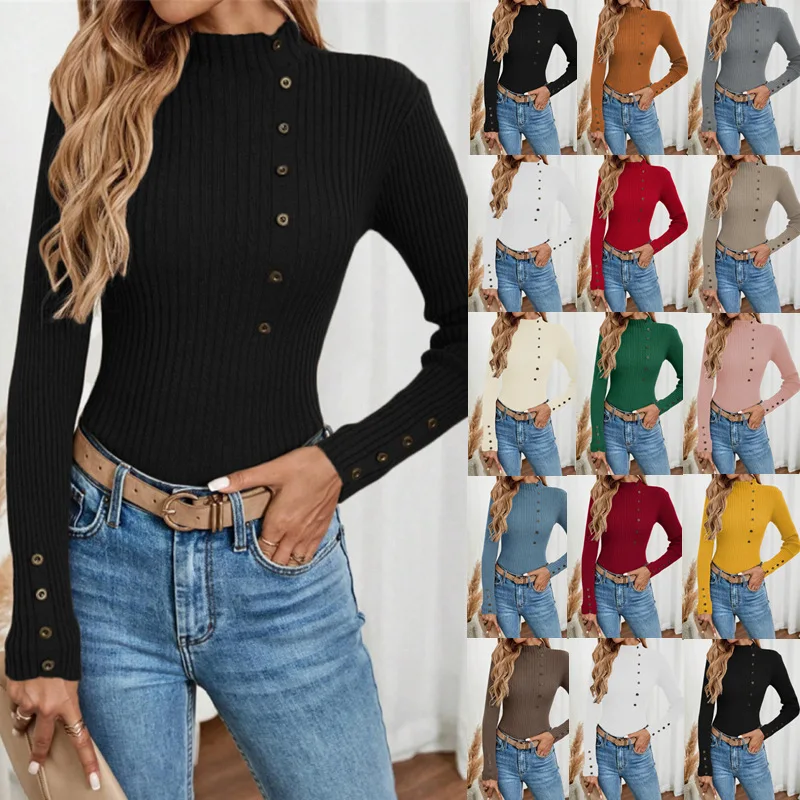 Элегантный женский свитер пуловер на пуговицах с длинными рукавами вязаные