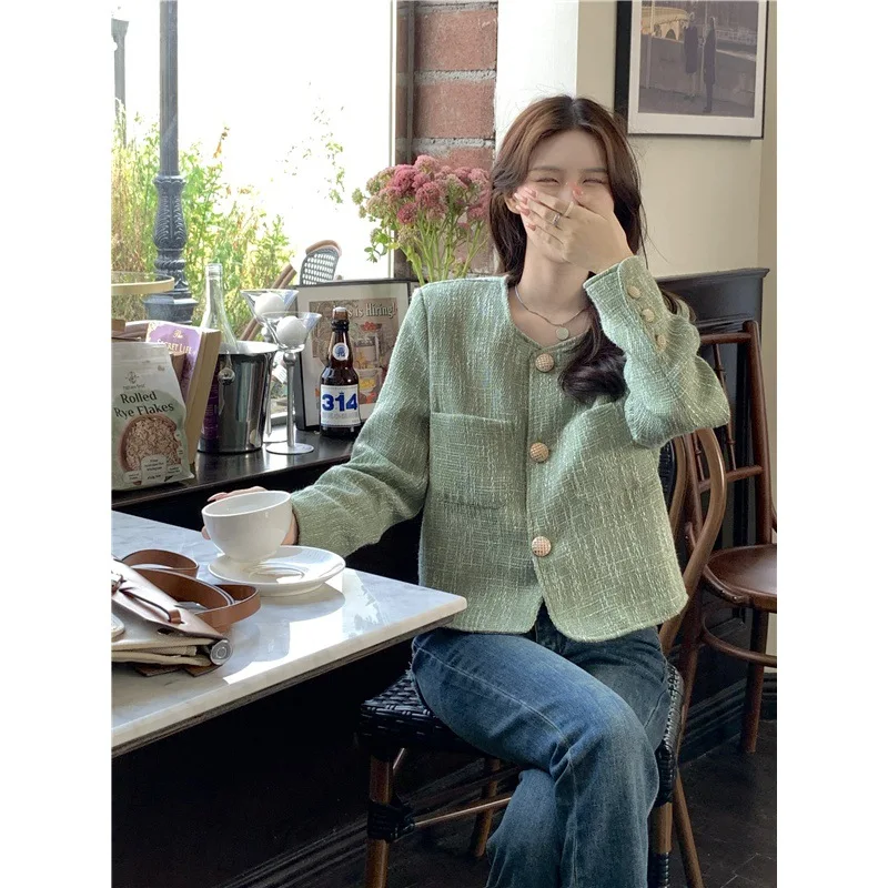 

2022 Autumn Vintage Chic Tweed Short Coat Women Loose Round Neck Casual Jacket Female