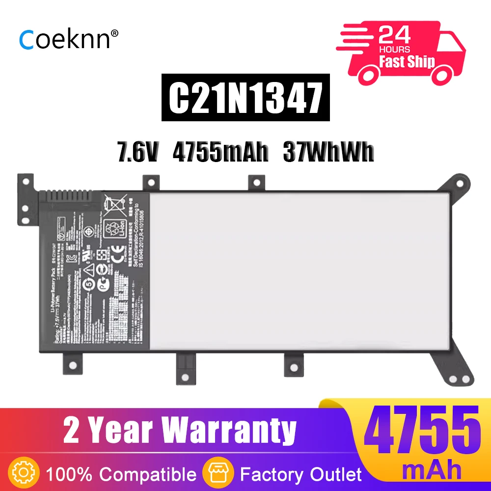 

Coeknn 37Wh C21N1347 Аккумулятор для ноутбука ASUS X554 X554L X555 X555L X555LN X555LD X555SJ X555MA F554 F554L F555 2ICP4/63/134 7,6 V