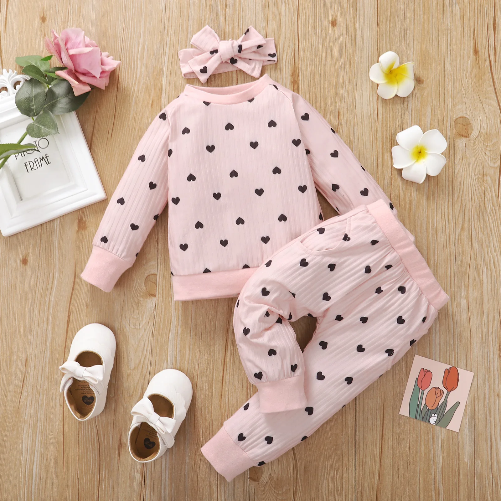 

Baby Girl Clothes Children's Clothing Cotton Solid Love Print Headband + Long Sleeve Tops + Elastic Pants 3 PCS Infant Homewear