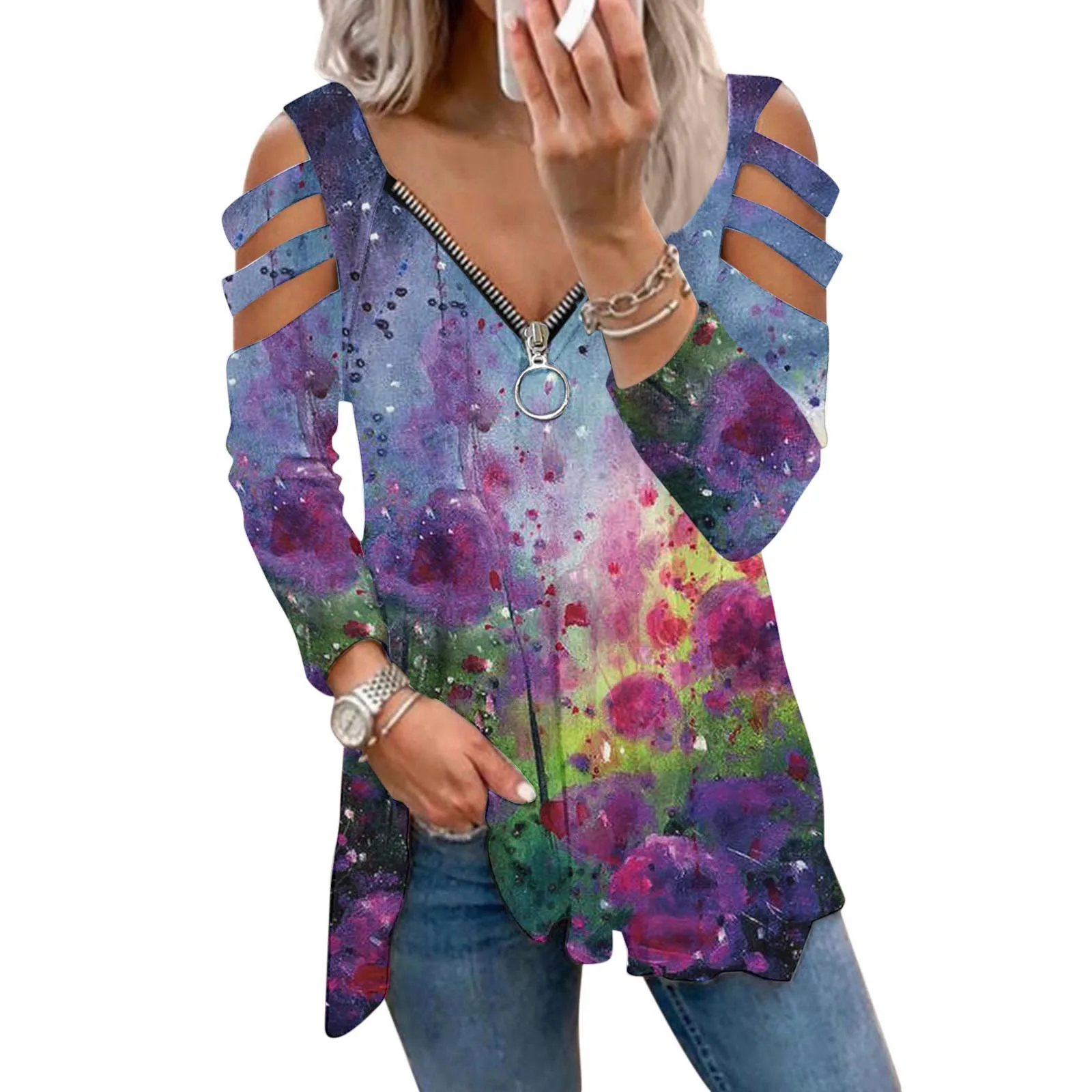 

T Shirts For Women Western Shirt Long Sleeve Zipper Pullover Color Block Stitching V Neck Casual Top Shirts Women Loose Fit