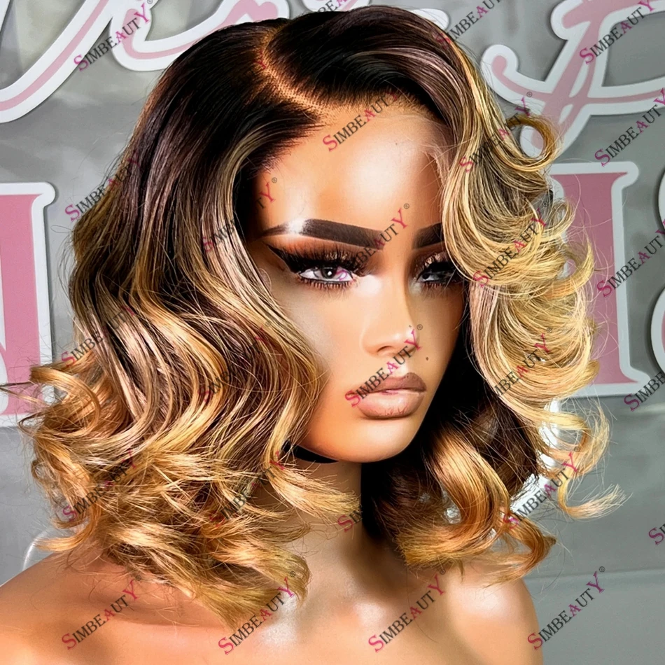 

Remy Peruvian Human Hair Ombre Honey Blonde Brown Root 200 Density Lace Front Wig for Black Women Side Part 13x6 Lace Front Wig