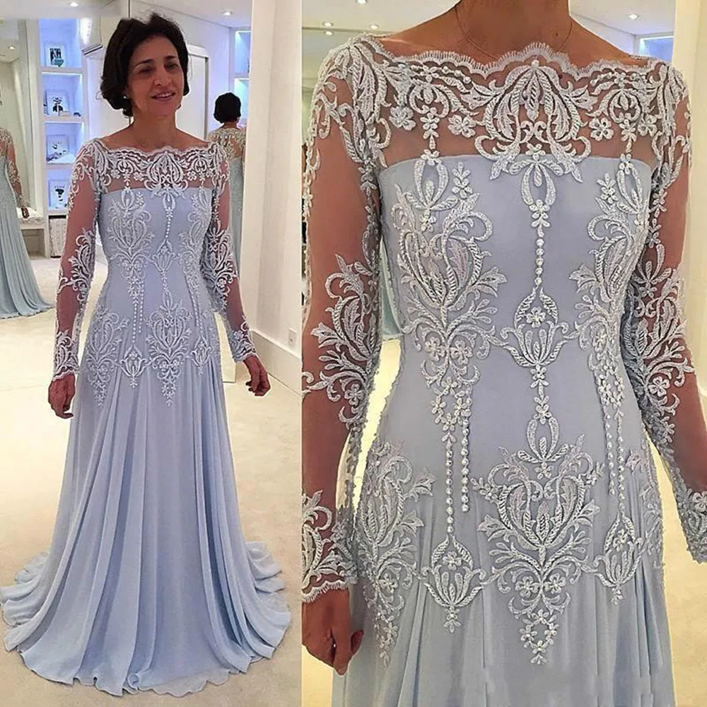 

Appliques Mother of the Bride Dresses Off Shoulder Long Sleeves Formal Godmother Evening Wedding Party Guests Gown Plus Size