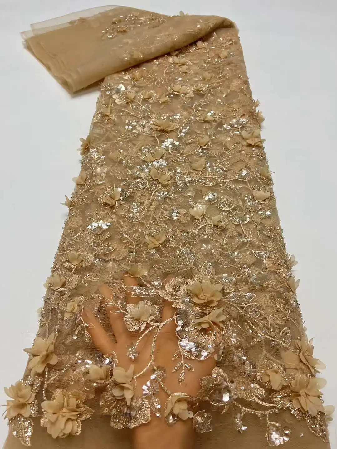 Новинка 2024 3D Цветочная вышивка для женского платья с бусинами Тюлевое кружево