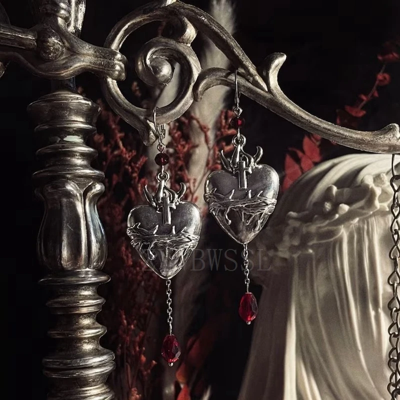 

The Sacred Heart - Dangly Earrings - Chain - Layered - Beaded - Red - Silver - Crucifix - Gothic-Witchy-Edgy-Thorns-Flames-Holy