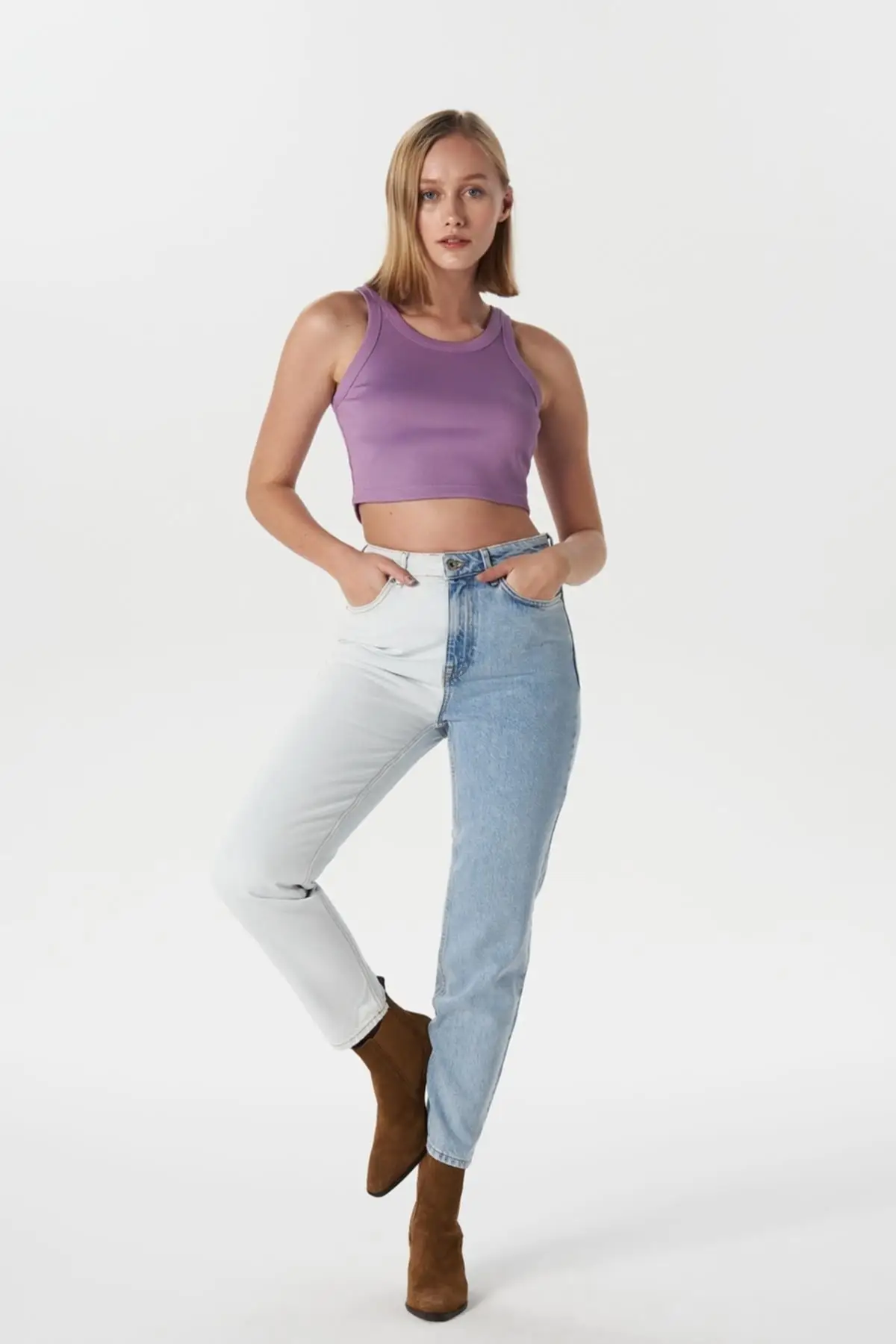 

Women's Jean Light Blue Two Color High Waist Fit Zipper Straight Pant Jeans Buttons Zipper Ladies