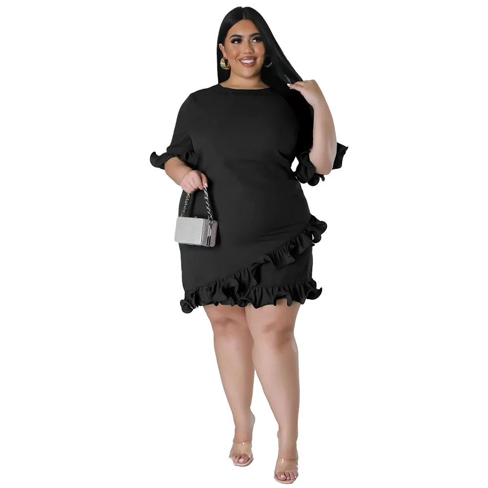 Plus Size Summer Fashion Ruffles Women Casual Dress Half Sleeves Round Neck Solid Elegant Ladies Party Mini 3xl 4xl 5xl 6xl