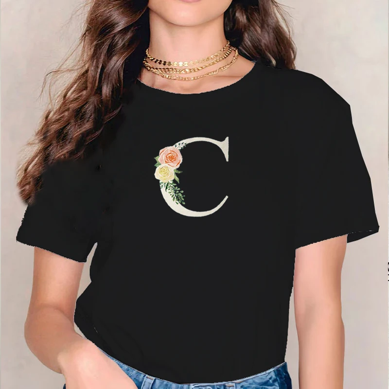 

New Summer Woman Tshirts Custom Name Print Graphic Tee Letter Combination T-shirt Fashion Alphabet Flower Short Sleeve M