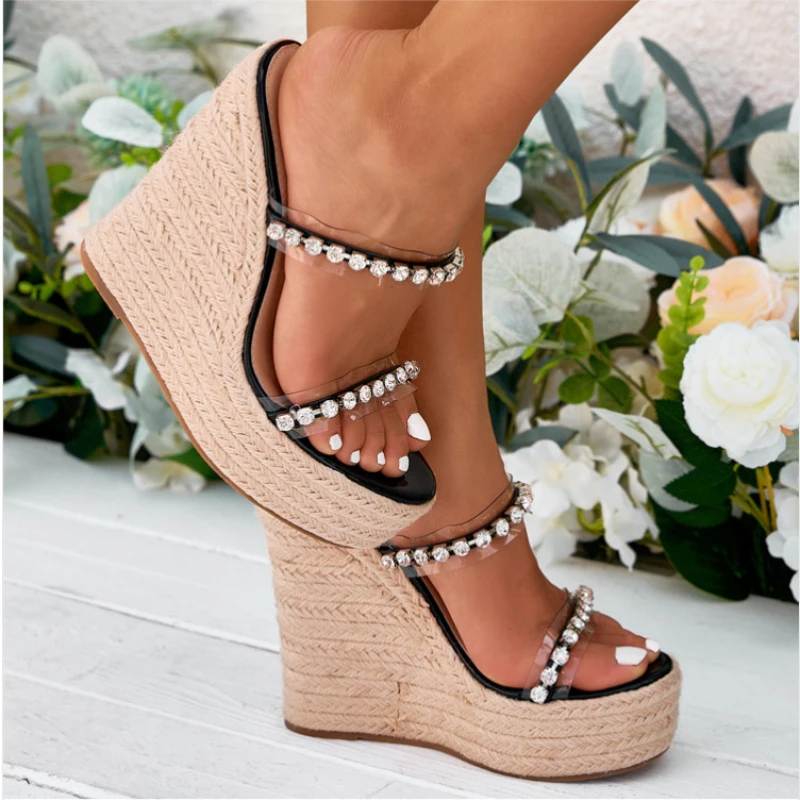 CRYSTAL Platform Wedges Slippers Summer Peep Toe Shoes Woman Sexy Super High Mules Sandal  Sandalias De Las Mujeres