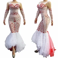 fashion shining red rhinestones sexy women white lace dress evening party birthday clothing stage dance singer costume festival