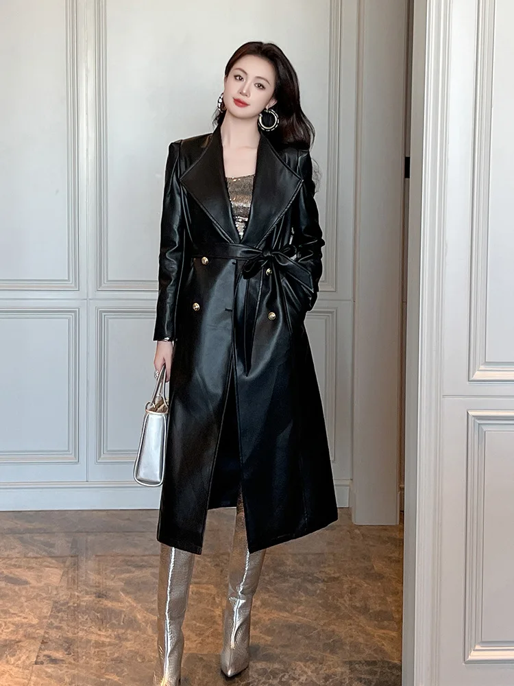 Женская кожаная куртка на осень и зиму новая свободная тонкая длинная в