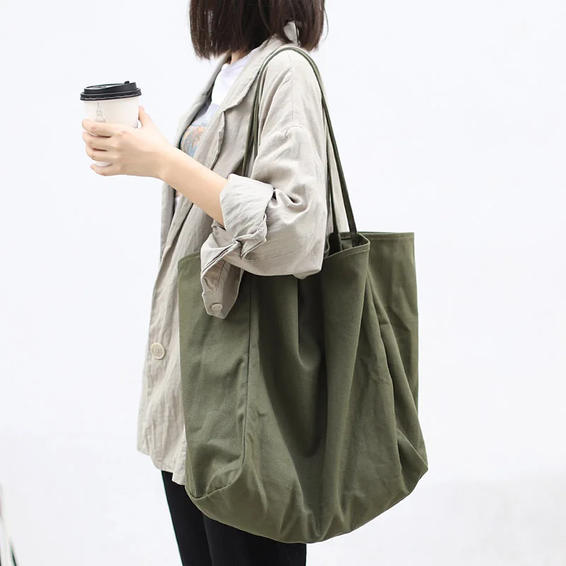 2023 New Korean Style Simple Large Capacity Shopping Bag Ins Mori Artistic Canvas Shoulder Bag Casual Retro Solid Color Tote