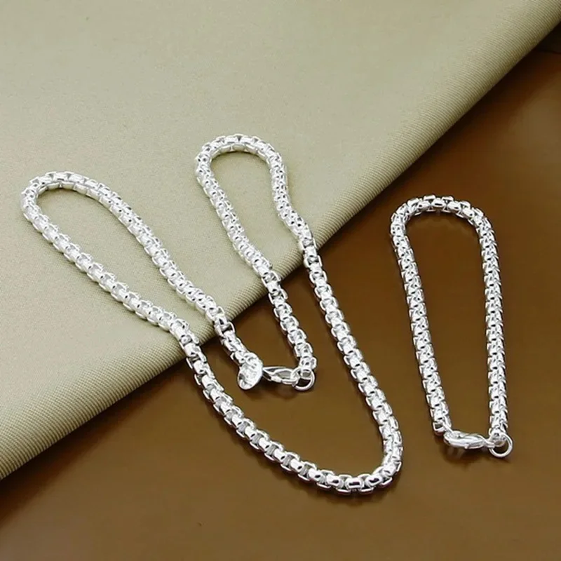 

45-60cm 925 Sterling Silver 4mm Round Box Chain Necklace Bracelet set For Women Men Wedding Engagement Charm Jewelry