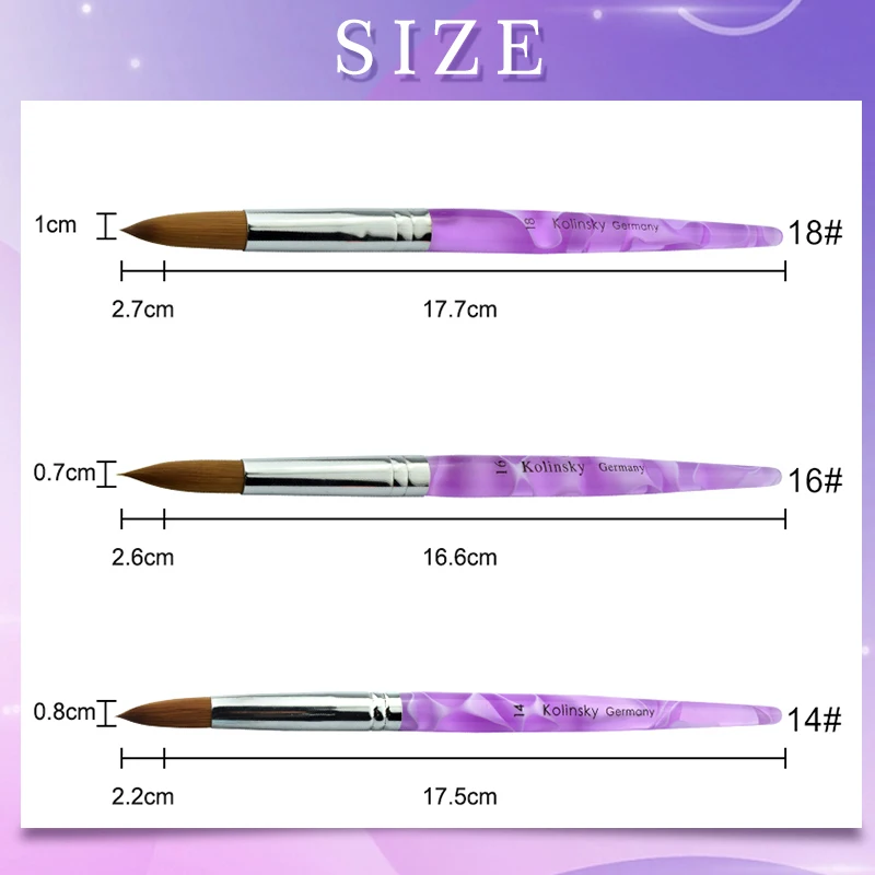 Кисти для наращивания ногтей из акрила для тонких волос, рисования и живописи, размер #14/16/18/20 с волновым узором на фиолетовой ручке.