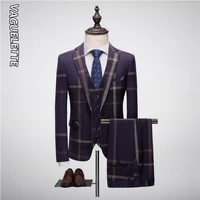 vaguelette elegant wedding suit for men 3 piece suit with vest plaid wedding formal slim fit coat with pants stage wear 2022