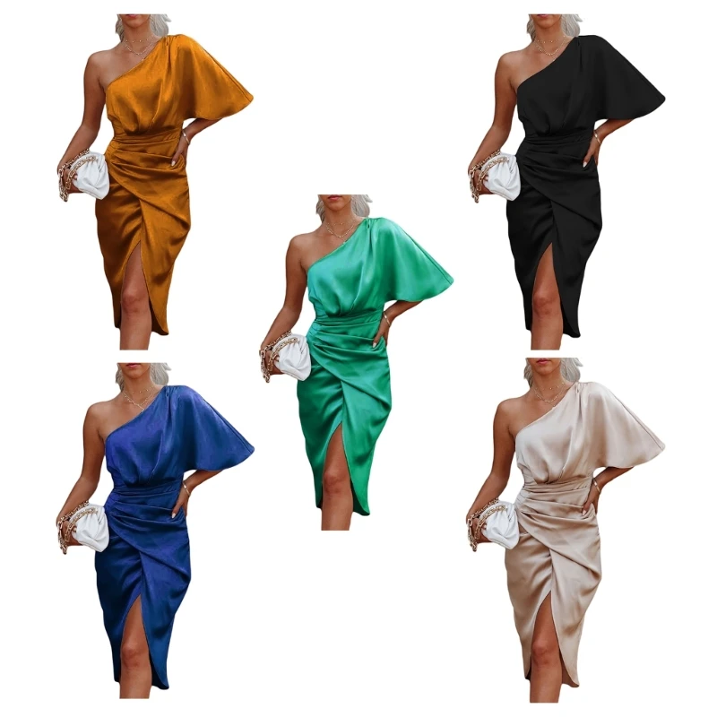 

Женское элегантное облегающее платье миди на одно плечо с рукавом «летучая мышь», однотонные Асимметричные коктейльные платья с запахом и рюшами и разрезом