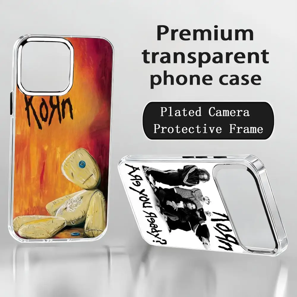 Фото Популярный чехол для телефона с изображением группы Korn для iPhone 17 Air, 16, 15, 14, 13, 12, 11 Pro Max Plus, с хромированными кнопками и прозрачным кольцом для камеры №1