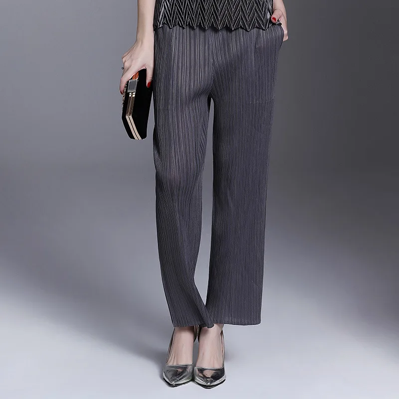 

Pleated straight casual pants, light blue oversized women's wide leg pants, appear slim