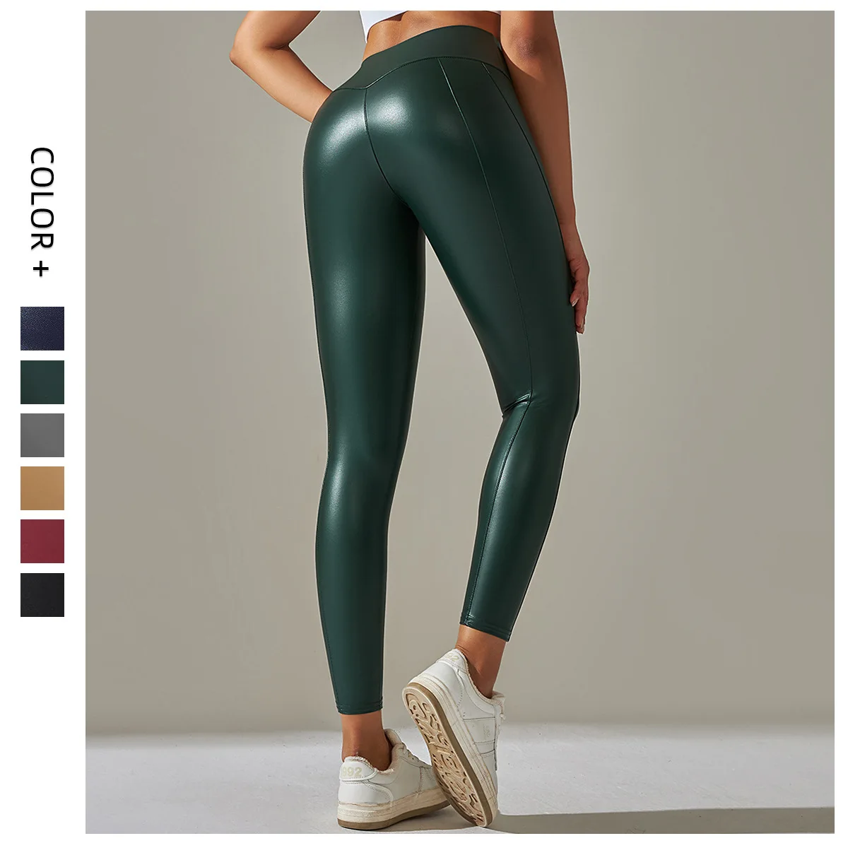 

New Patchwork PU Leather Pants Colorful High Waisted Leggings Running Fitness High Elasticity Cropped Pants For Women