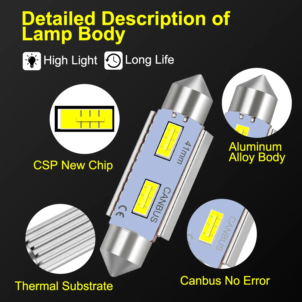 

C5W светодиодная лампа Canbus CSP C10W, светодиодная гирлянда 29 мм, 31 мм, 36 мм, 39 мм, 41 мм, 44 мм, для салона автомобиля, лампа для освещения номерного знака 12 В