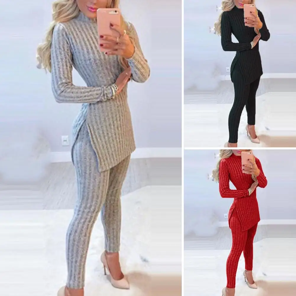 

Women's Suit Casual Knit Beaded Side Slit Long Sleeve Top Sweater & Long Pants Set