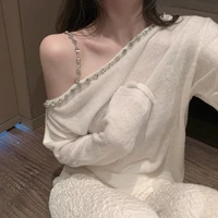 spring and autumn long sleeved knitted t shirt ladies spring new diamond strip sexy one shoulder loose white sweater thin top