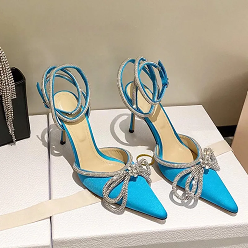 Pointed toe ladies sandals 2023 spring and autumn new Baotou high heels fashion luxury bow rhinestone Roman sandals