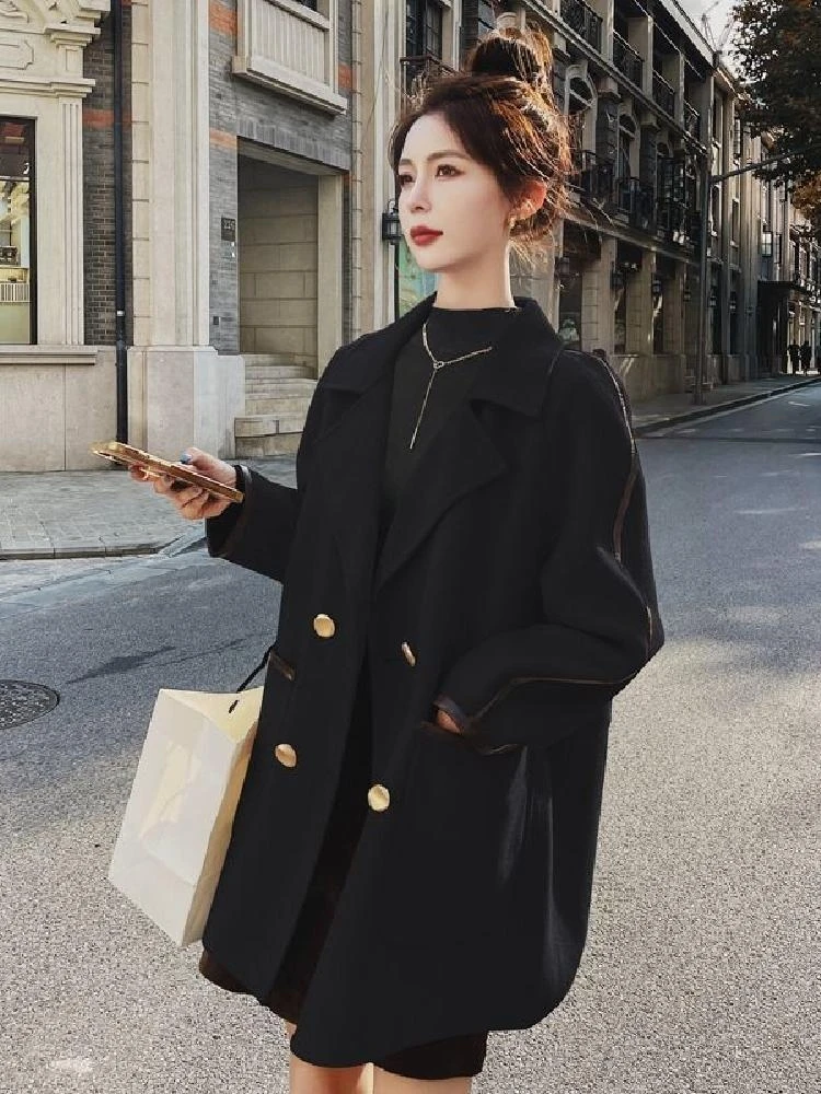 Черная шерстяная куртка женская короткая весна-осень 2023 новое кожаное лоскутное