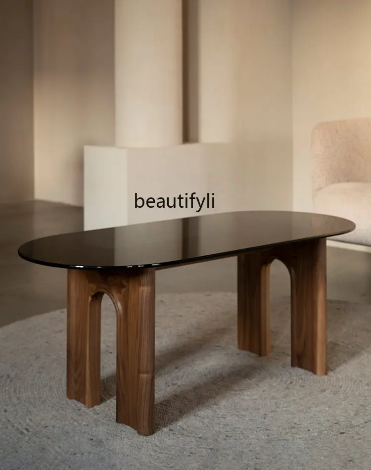 

yj Tea Table Tempered Glass Modern Minimalist Living Room Small Apartment Original Solid Wood Black Cherry