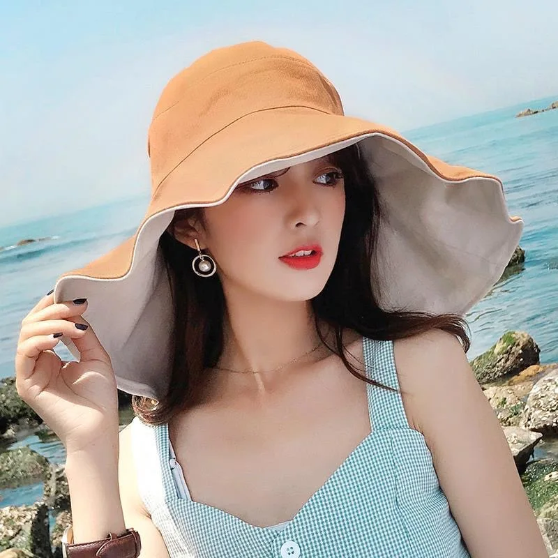 

2022 Korean Version Big Brim Fisherman Hat Summer Japanese Double-sided Vacation Uv Protection Travel Sun Visor Hat