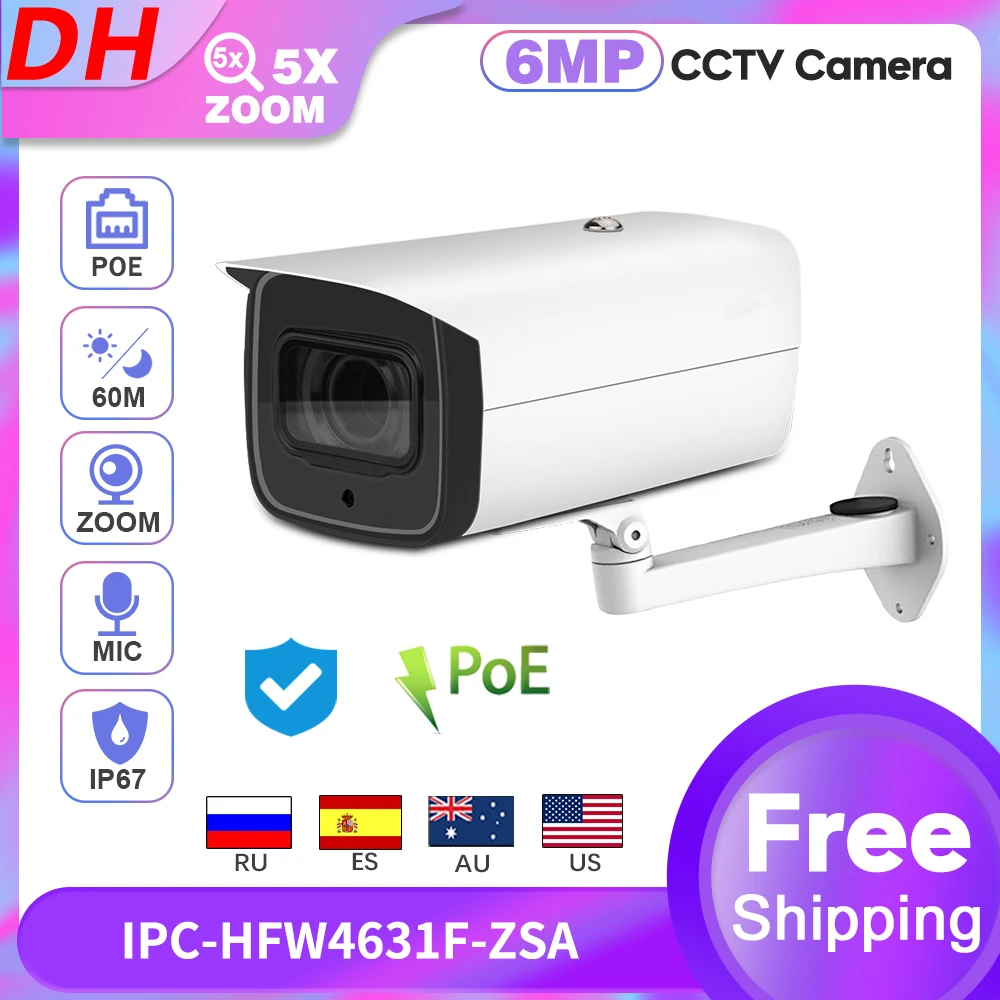 

DH IPC-HFW4631F-ZSA 6MP IP Camera PoE Bullet 2.7-13.5mm 5X ZOOM Surveillance Outdoor IR CCTV Built-in MIC SD Card IP67 IK10