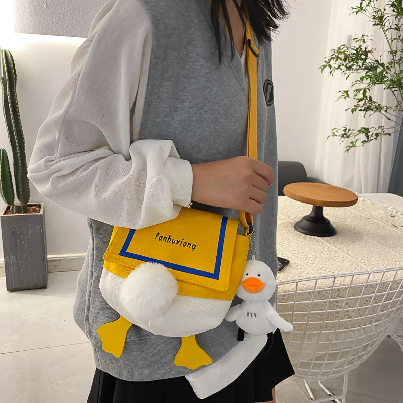 

Women Canvas Shoulder Bags Cute Duck Ladies Cartoons Handbag Casual Tote Literary BookBag Messenger Bag for Girls