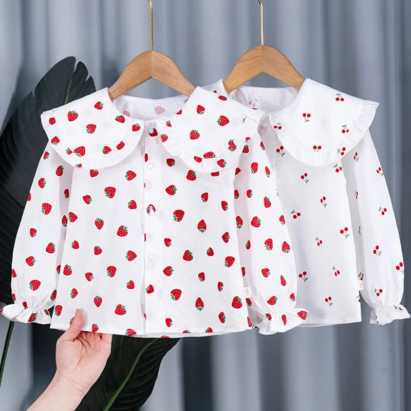 

Toddler Baby Shirt Princess Long Sleeve Cardigan Tops Peter Pan Collar Buttoned White Shirts For Kids Flower Print Blouse Girls
