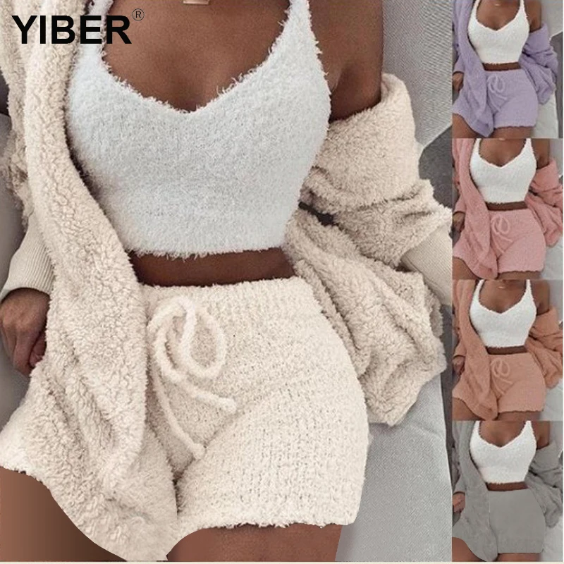 

3Piece Golden Velvet Vest Pajamas Set Women's cozy lounge Home Clothes Sexy Sleepwear Zipper Coat +Vest Top + Drawstring Shorts