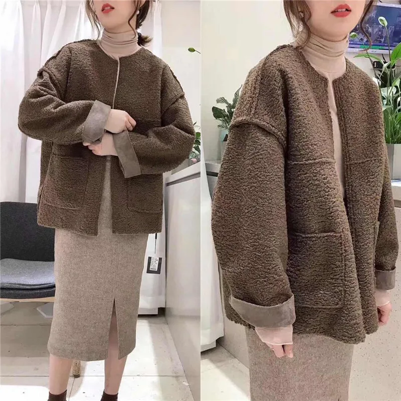 

Winter Warm Plush Coat Korean Style Women Pockets Loose Casual Jacket Clothes Full Sleeve Round Neck Elegant Teddy Outwear