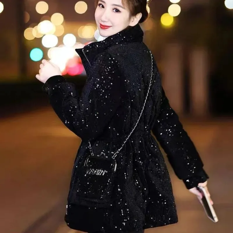Rhinestone Beaded New Waist Cotton Clothes Women's Winter 2023 Mid-length Thickened Parka Women's Warm Jacket