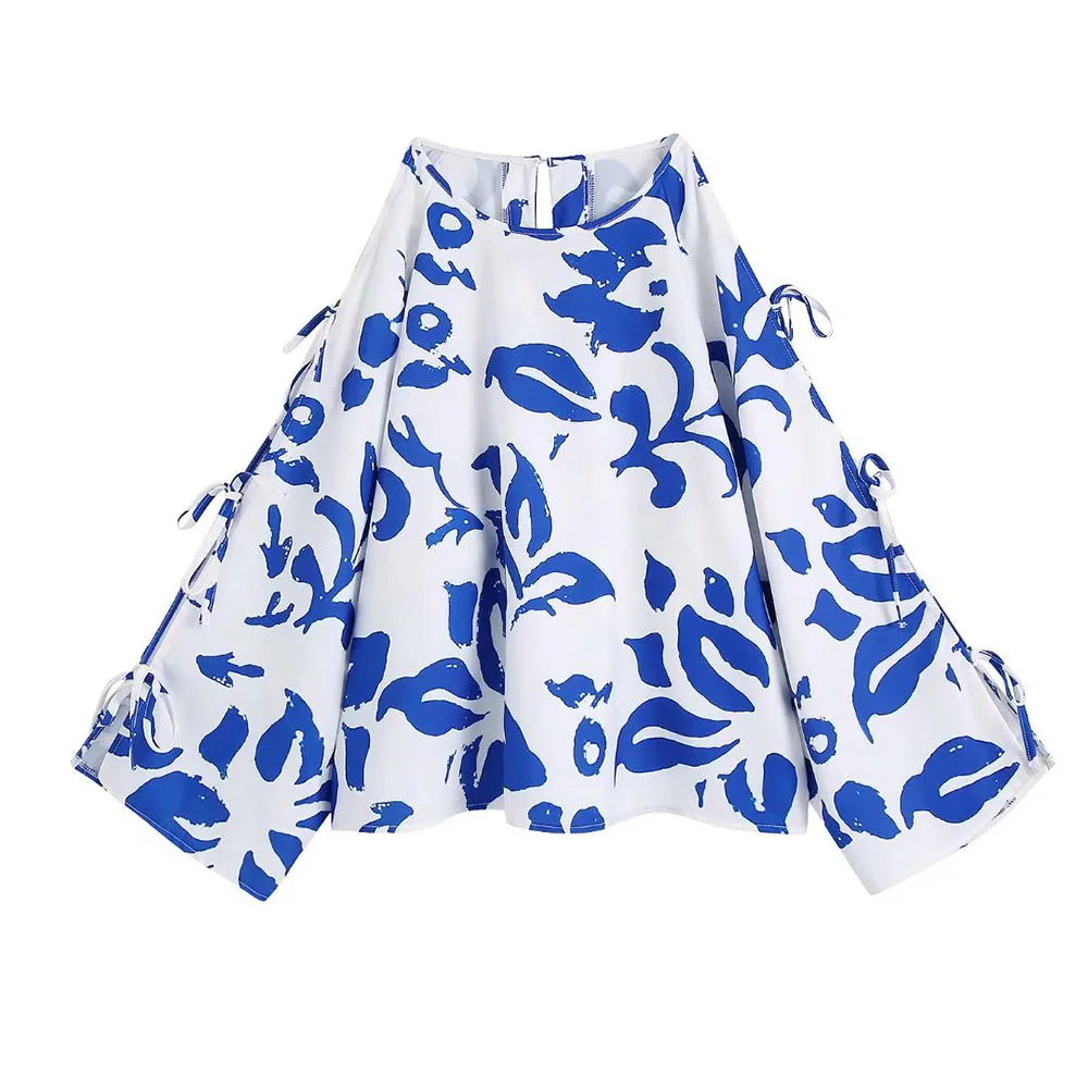 

Women's 2022 New Fashion Bow Decorative Print Top Casual O Neck Retro Long Sleeve Female Short Chic Shirt Mujer